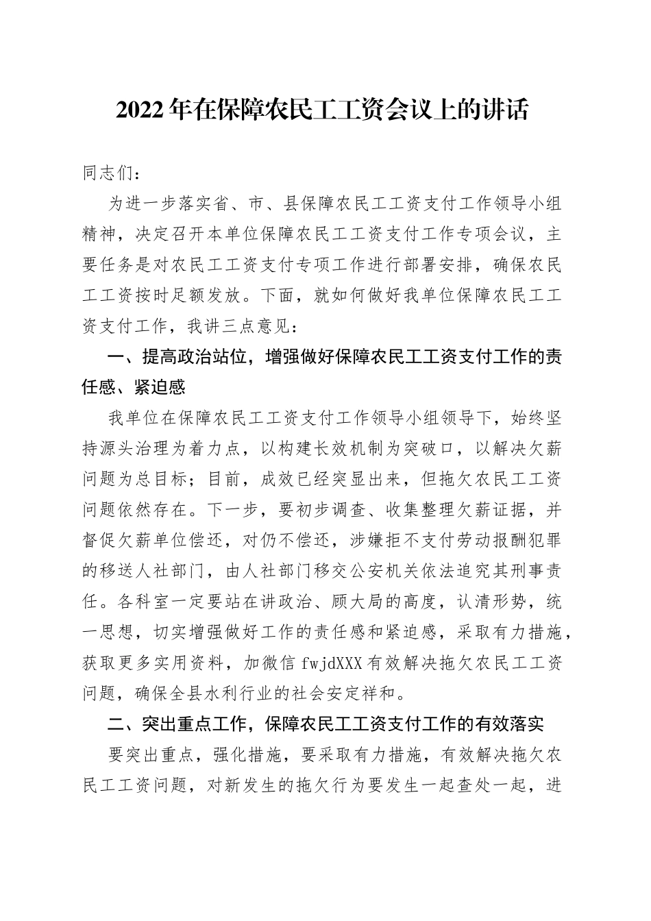 2022年在保障农民工工资会议上的讲话_第1页