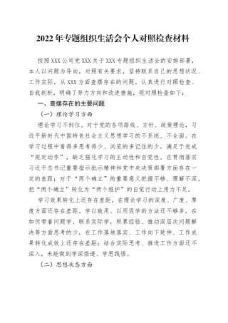 2022年专题组织生活会个人对照检查材料