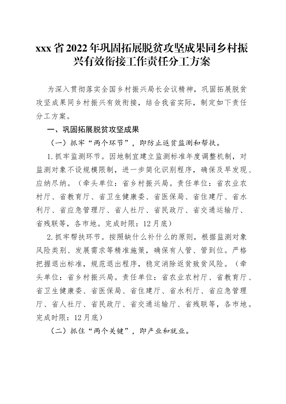 xxx省2022年巩固拓展脱贫攻坚成果同乡村振兴有效衔接工作责任分工方案_第1页