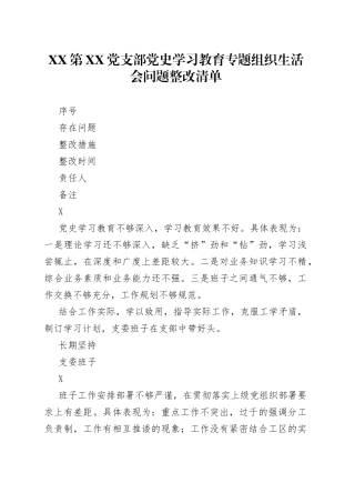 XX第党支部党史学习教育专题组织生活会问题整改清单