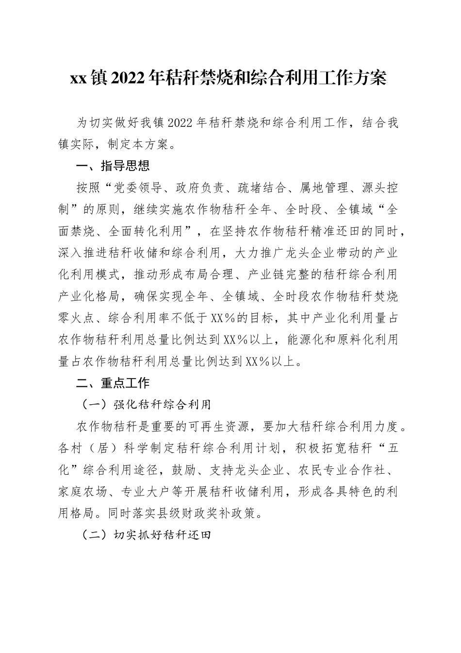 xx镇2022年秸秆禁烧和综合利用工作方案_第1页