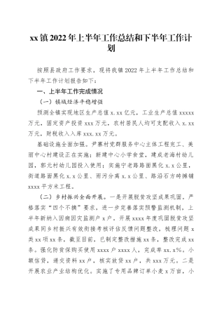 xx镇2022年上半年工作总结和下半年工作计划