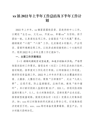xx镇2022年上半年工作总结及下半年工作计划