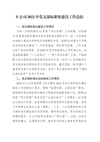 X公司2022年党支部标准化建设工作总结