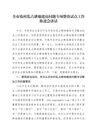 农村乱占耕地建房问题专项整治试点工作推进会讲话20220514