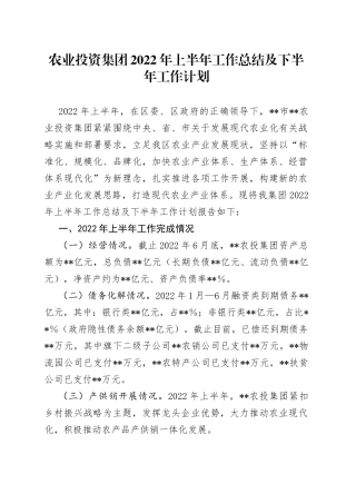 农业投资集团2022年上半年工作总结及下半年工作计划