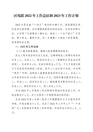 区残联2022年工作总结和2023年工作计划