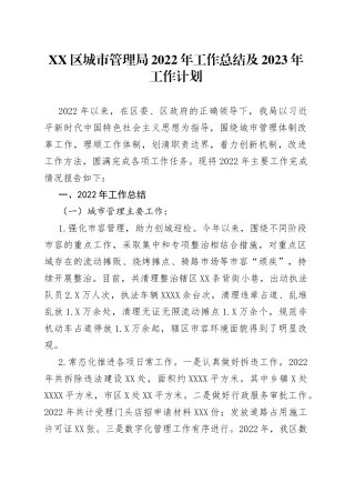 区城市管理局2022年工作总结及2023年工作计划（1）