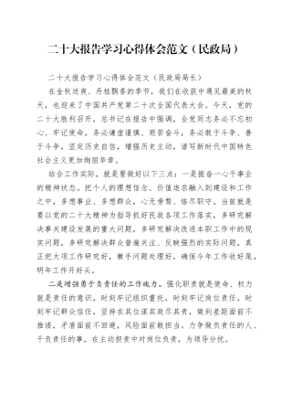 二十大报告学习心得体会范文（民政局）