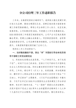 分公司经理三年工作述职报告