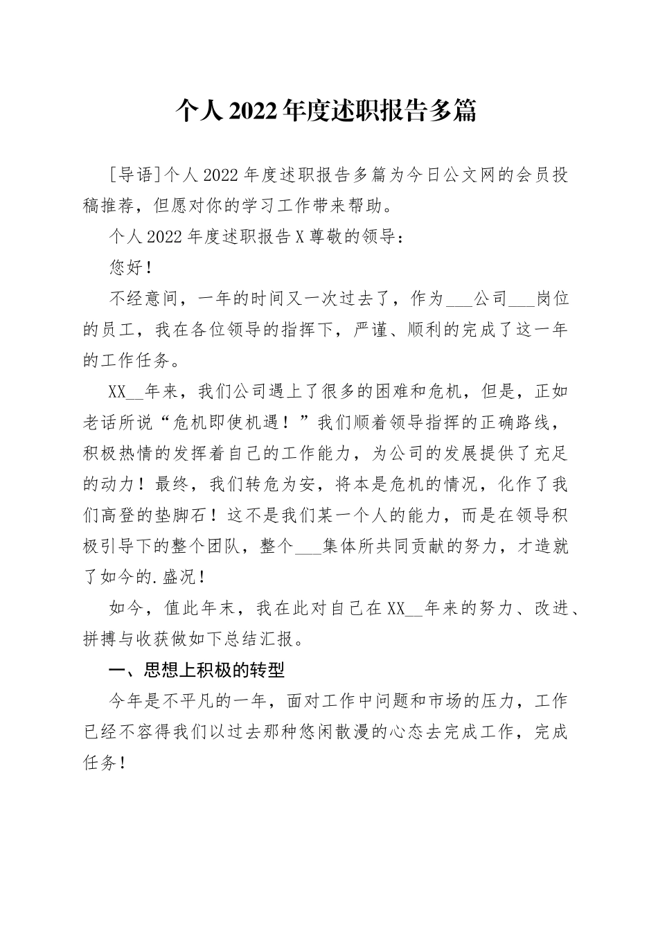 个人2022年度述职报告多篇_第1页