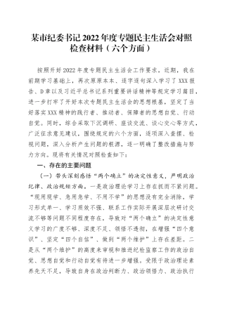 个人市纪委书记2022年度专题民主生活会对照检查材料237