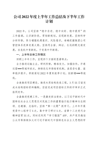 公司2022年度上半年工作总结及下半年工作计划
