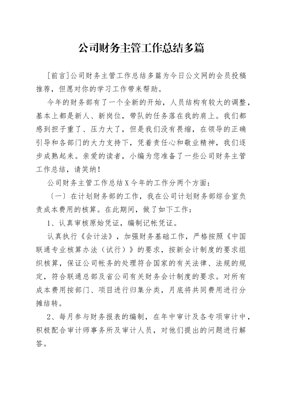 公司财务主管工作总结多篇_第1页