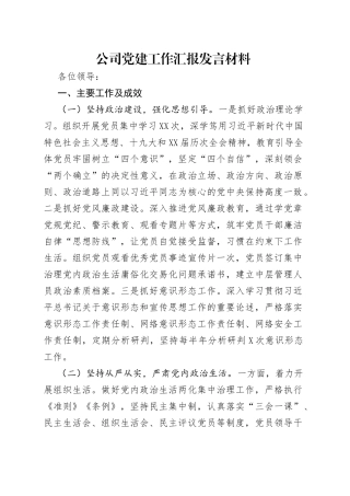 公司党建工作汇报发言材料