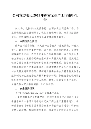 公司党委书记2021年抓安全生产工作述职报告