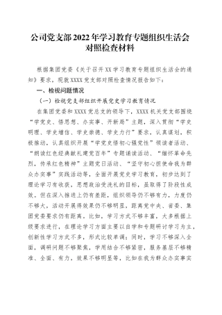 公司党支部2022年学习教育专题组织生活会对照检查材料