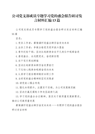 公司党支部成员专题学习党的盛会报告研讨发言材料汇编13篇（1）
