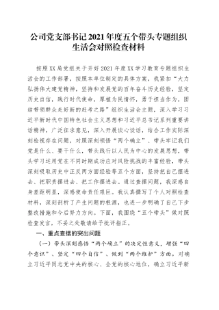 公司党支部书记2021年度五个带头专题组织生活会对照检查材料