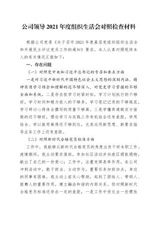 公司领导2021年度组织生活会对照检查材料
