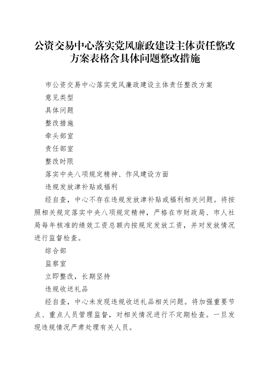 公资交易中心落实党风廉政建设主体责任整改方案表格含具体问题整改措施_第1页