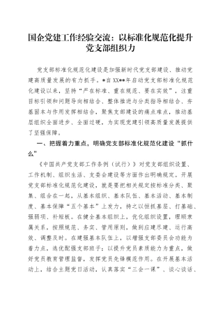 国企党建工作经验交流：以标准化规范化提升党支部组织力