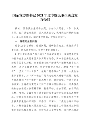 国企党委副书记2021年度专题民主生活会发言提纲