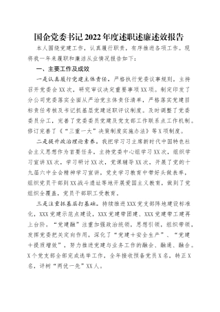 国企党委书记2022年度述职述廉述效报告