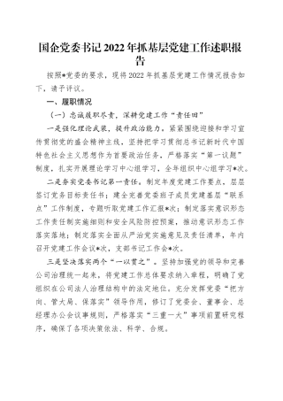 国企党委书记2022年抓基层党建工作述职报告