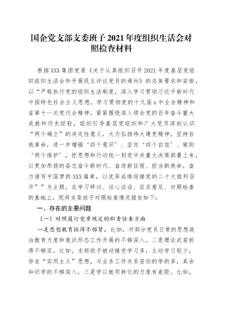 国企党支部支委班子2021年度组织生活会对照检查材料
