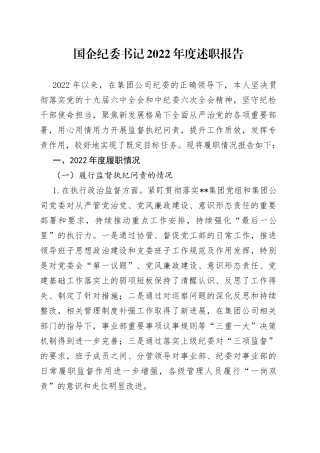 国企纪委书记2022年度述职报告
