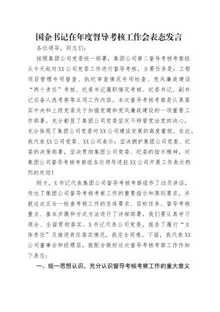 国企书记在年度督导考核工作会表态发言