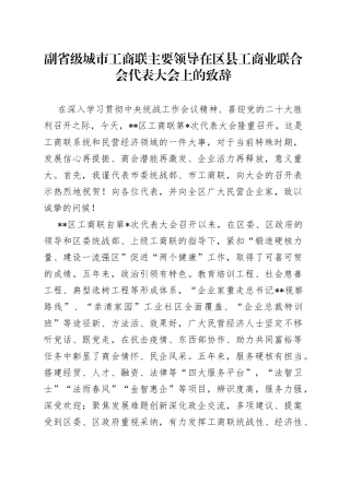 副省级城市工商联主要领导在区县工商业联合会代表大会上的致辞297
