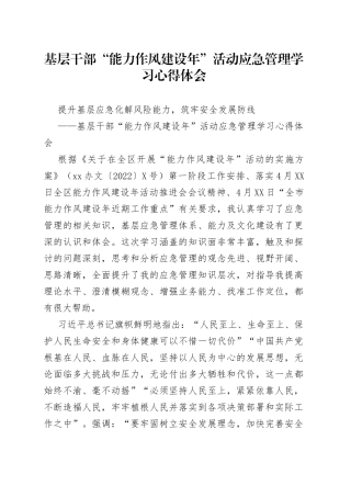 基层干部“能力作风建设年”活动应急管理学习心得体会