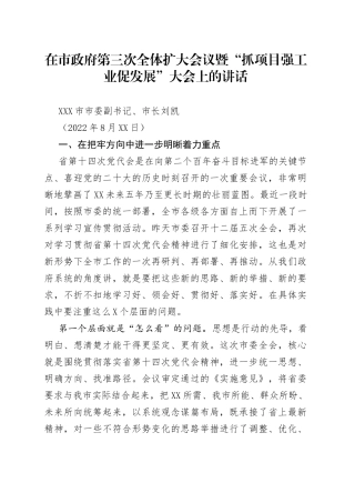 嘉峪关市市长刘凯：在市政府第三次全体扩大会议暨“抓项目强工业促发展”大会上的讲话2022081574