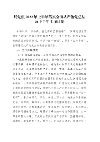 局党组2022年上半年落实全面从严治党总结及下半年工作计划