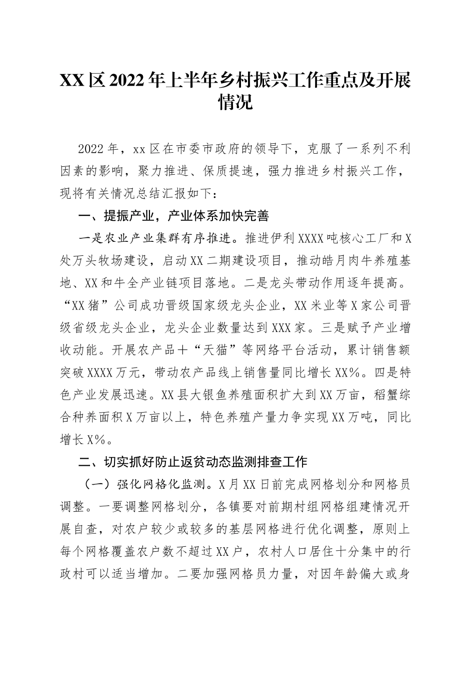 区2022年上半年乡村振兴工作重点及开展情况_第1页