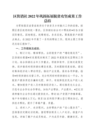 区供销社2022年巩固拓展脱贫攻坚成果工作总结(1)