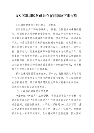 区巩固脱贫成果存在问题及下步打算