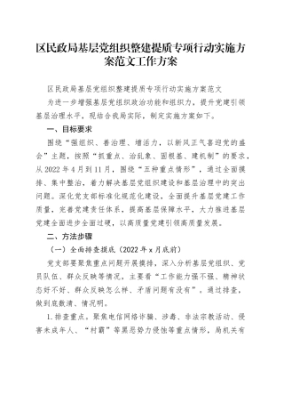 区民政局基层党组织整建提质专项行动实施方案范文工作方案