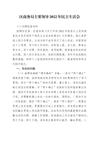区商务局主要领导2022年民主生活会个人对照检查材料2