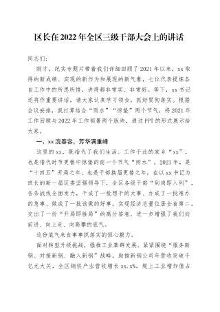 区长在2022年全区三级干部大会上的讲话