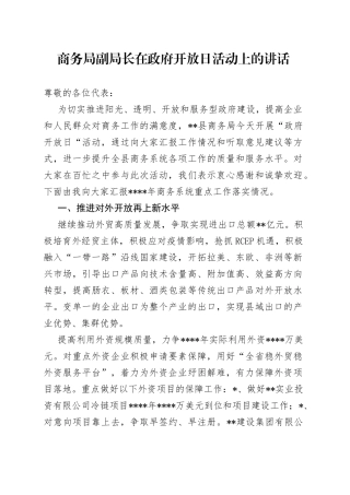 商务局副局长在政府开放日活动上的讲话1158