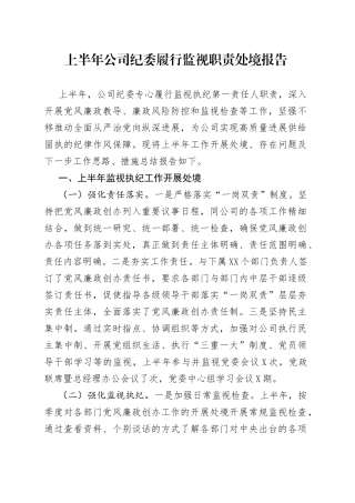 上半年公司纪委履行监视职责处境报告