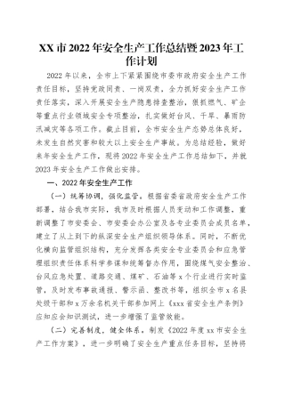 市2022年安全生产工作总结暨2023年工作计划