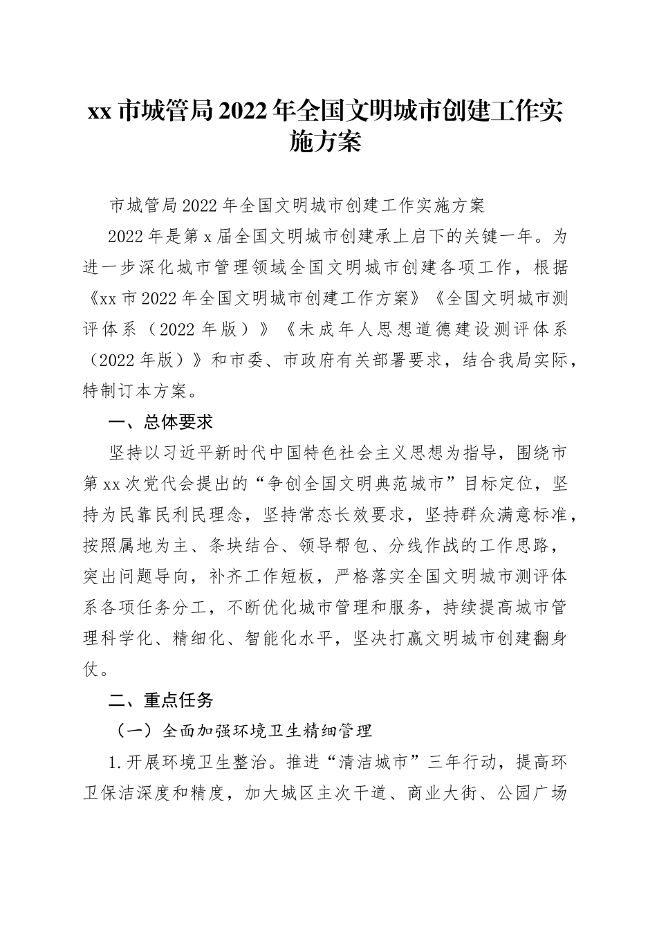 市城管局2022年全国文明城市创建工作实施方案_第1页