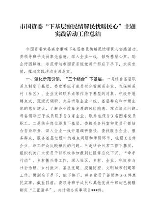 市国资委“下基层察民情解民忧暖民心”主题实践活动工作总结