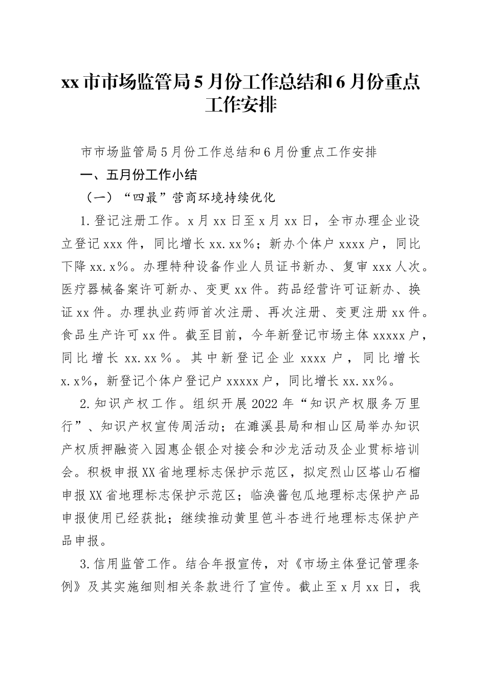 市市场监管局5月份工作总结和6月份重点工作安排_第1页
