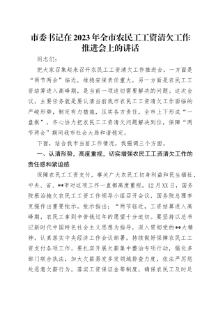 市委书记在2023年全市农民工工资清欠工作推进会上的讲话
