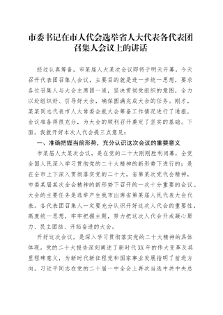 市委书记在市人代会选举省人大代表各代表团召集人会议上的讲话